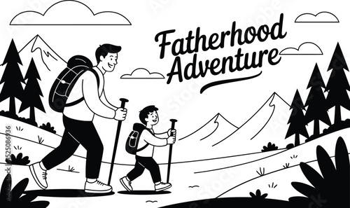 "Fatherhood Adventure – A black-and-white digital illustration of a father and child hiking in a scenic mountainous landscape, symbolizing bonding, exploration, and outdoor journey."