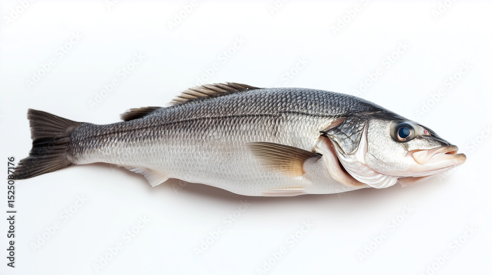 Fototapeta premium One fresh sea bass fish isolated on white background -