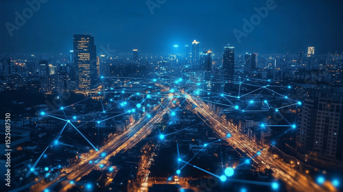 Wallpaper Mural Technology connectivity busy in the city in blue tone. Torontodigital.ca