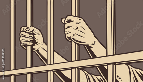 Behind the bars. Two hands arms holding the bars. Imprisonment, deprivation of liberty concept. Vintage styled vector illustration           