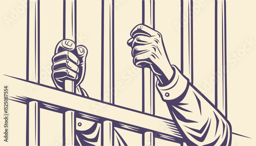 Behind the bars. Two hands arms holding the bars. Imprisonment, deprivation of liberty concept. Vintage styled vector illustration           