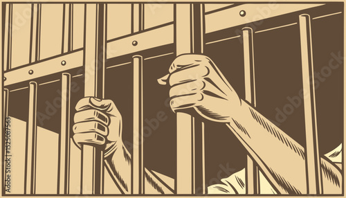Behind the bars. Two hands arms holding the bars. Imprisonment, deprivation of liberty concept. Vintage styled vector illustration           