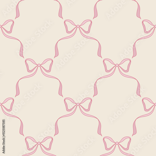 Seamless pattern with pink bows on beige background. Vintage ribbon wallpaper with repeat design.