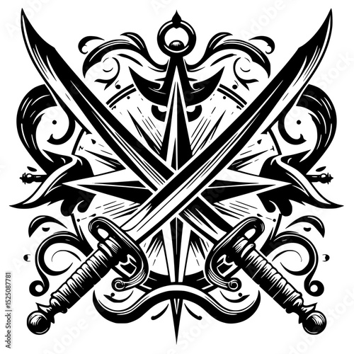heraldic or nautical emblem featuring crossed swords