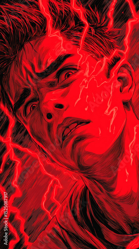 Close-up of stylized male face, red tones, textured lines, suggesting intense emotion, energy, possibly anger or pain, dramatic artwork, powerful visual