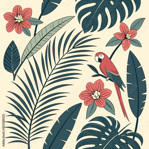 Tropical Leaves and Flowers Vector Pattern photo