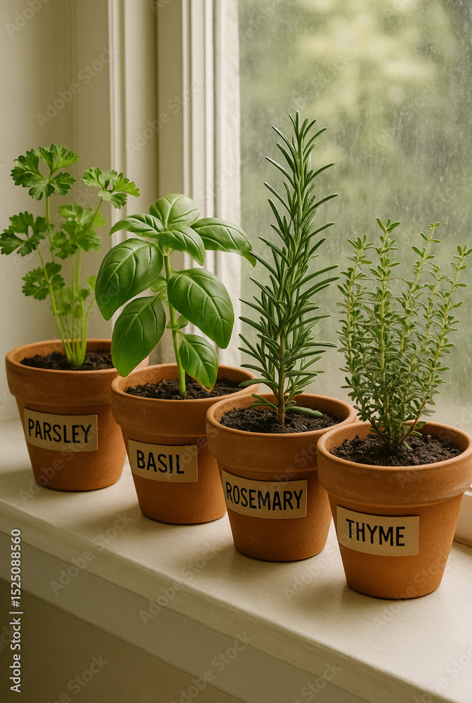 Fototapeta premium Fresh Herb Plants in Rustic Pots on Kitchen Counter