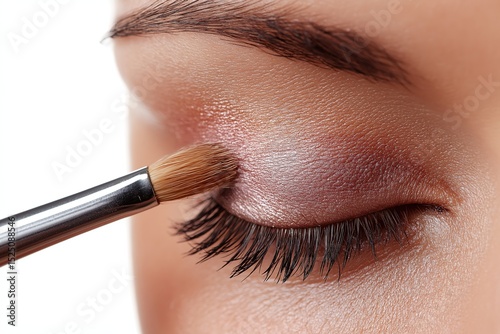 Close-up of female makeup artist carefully applying metallic eye shadow with angled brush, clean studio lighting. Cosmetic product showcase for brand packaging design.