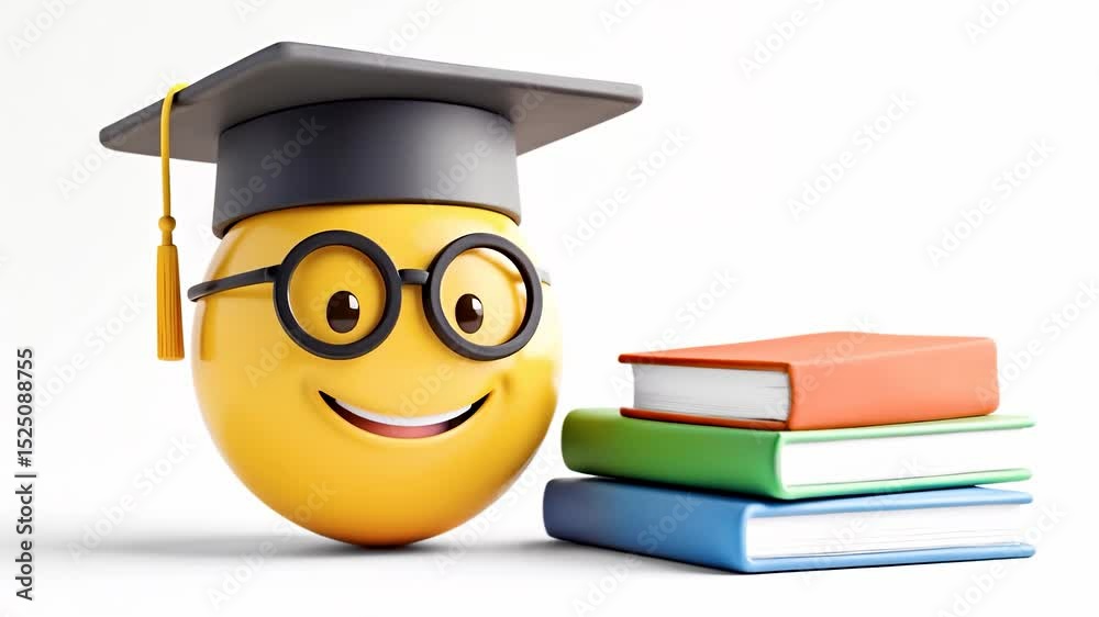 Smiling nerd face with glasses and graduation cap near stack of books on white background.