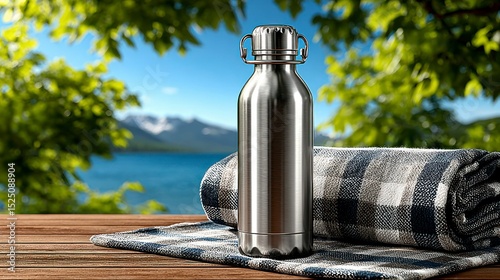 Stainless Steel Water Bottle on a Picnic Blanket with Scenic Background
