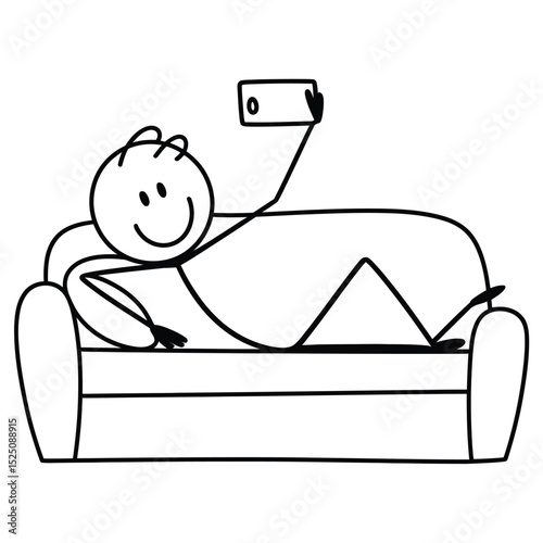 Stick figure taking selfie on couch simple line drawing illustration
