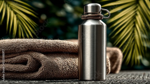 Stainless Steel Water Bottle with Towel on a Relaxing Background for Wellness and Fitness