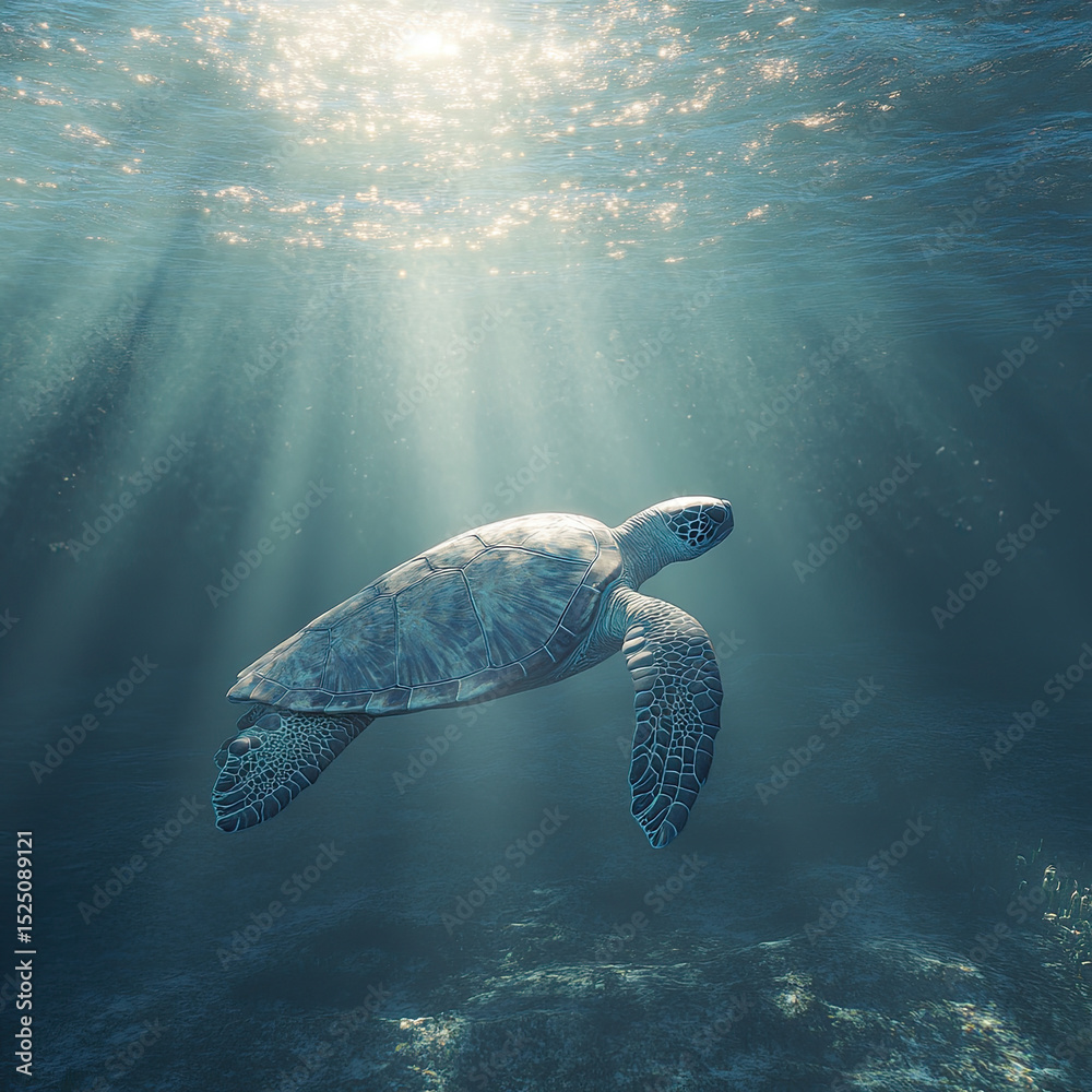 Fototapeta premium A majestic sea turtle glides gracefully through clear blue ocean waters, with shimmering sunbeams piercing through the surface, illuminating its journey.