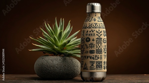Stylish Insulated Bottle with Tribal Design Next to a Succulent Plant in a Stone Pot
