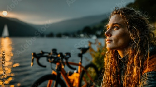Sunset contemplation woman cyclist at lake golden hour tranquil scene