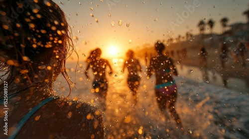 Sunset Beach Fun Silhouettes and Water Splashes Capturing Joyful Moments at the Shore