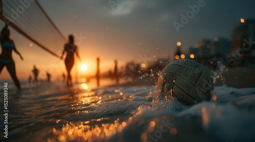 Sunset Beach Volleyball A Dynamic Scene of Sport and Leisure with a Ball in the Foreground Wa