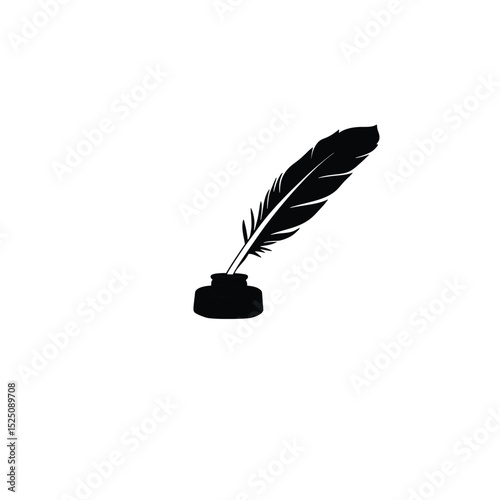 Flat silhouette of a quill pen in an ink pot with sharp details on white background