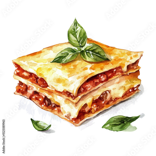 My Watercolor illustration, lasagna painting isolated on a white background, illustration, AI painting design, vector illustration set, eps format