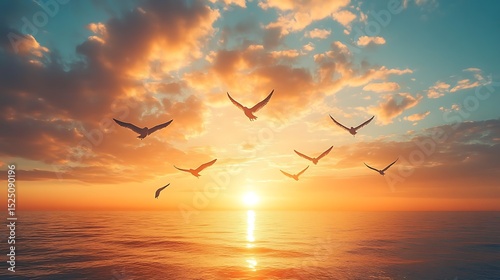 Birds flying over sunset ocean