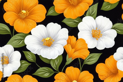 Wallpaper Mural Seamless Pattern of Stylized White and Orange Flowers on Black Torontodigital.ca