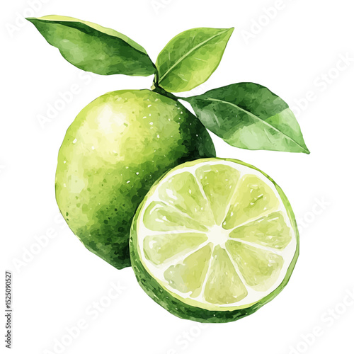 My Watercolor illustration, illustration lime sliced with leaf painting isolated on a white background, illustration, AI painting design, vector illustration set, eps format
