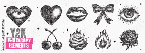 Diverse collection of Y2K inspired graphic elements showcasing hearts, lips, and other symbols in a playful arrangement