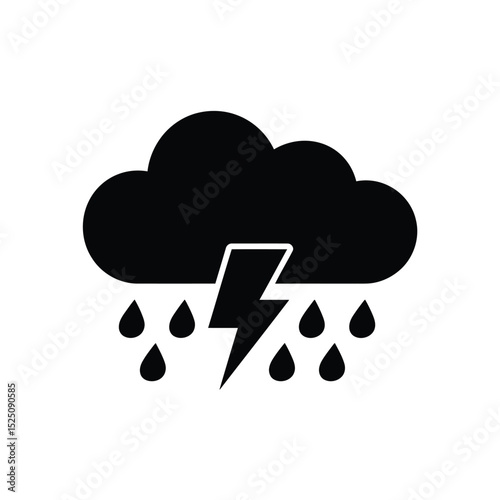 Black and White Icon of Stormy Weather with Rain and Lightning