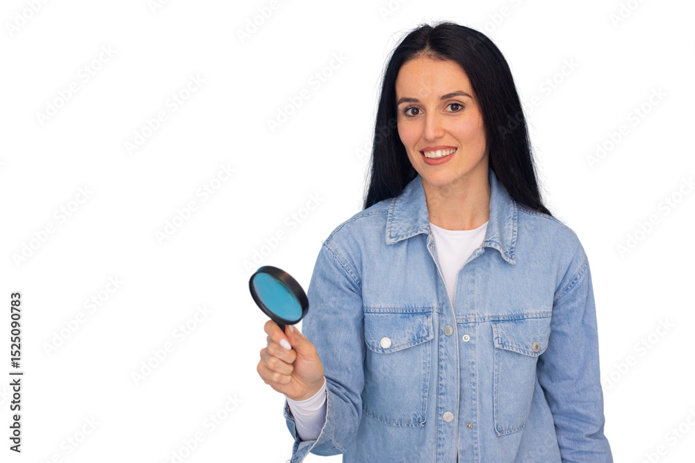 Businesswoman magnifying document, revealing detailed research, professional analysis in workplace setting Businesswoman magnifying document, revealing detailed research, professional analysis in workplace setting