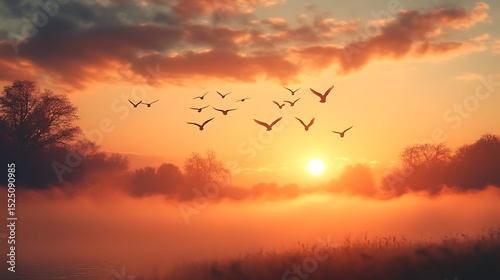 Sunrise birds misty landscape