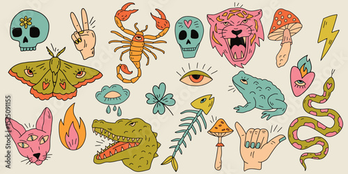 A collection of vector illustrations in primitive doodle style with psychedelic elements in a retro colour palette. Images of skulls, animals, hearts, snakes, mushrooms, eyes, scorpion, toad, sphinx