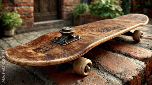 Vintage Wooden Skateboard Resting on Rustic Stone Wall Retro Design with Metal Trucks and Whee