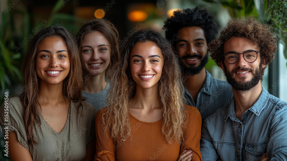 Fototapeta premium Smiling team of diverse coworkers in a modern workplace showcasing positivity and collaboration