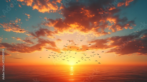 Sunset over ocean with birds