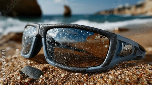 Water droplets on sunglasses on beach close up view