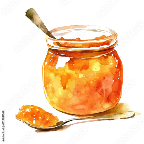My Watercolor illustration, marmalade in spoon and jar painting isolated on a white background, illustration, AI painting design, vector set, eps format design,