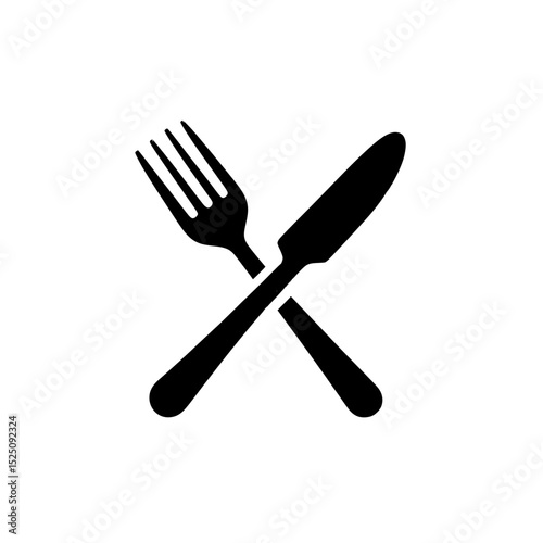 A black silhouette of a fork and knife crossed on a white background on white background , no background
