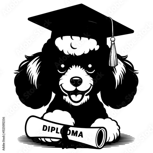 graduation cap and diploma , poodle wearing graduation cap holding diploma on white background , no background