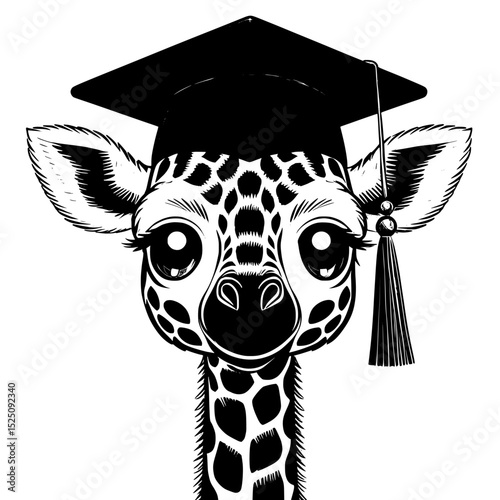giraffe head vector , Giraffe wearing a graduation cap in black and white illustration on white background , no background