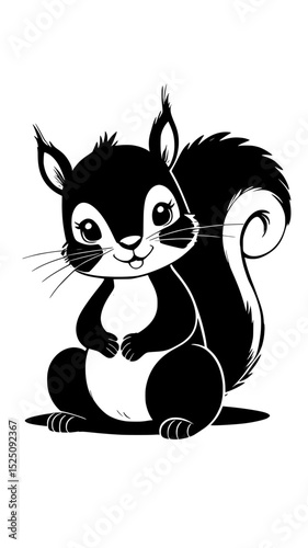 a black and white cartoon squirrel sitting upright on white background , no background