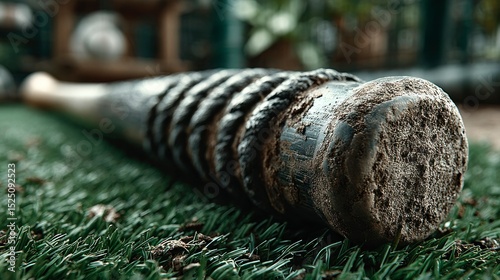 Worn Baseball Bat Resting on Artificial Turf Sports Equipment CloseUp Photography Texture D