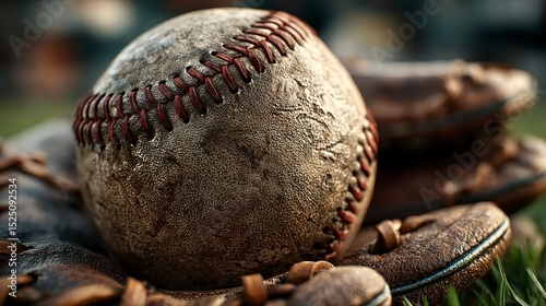 Worn Baseball Resting on a Leather Glove CloseUp Sports Equipment Photography