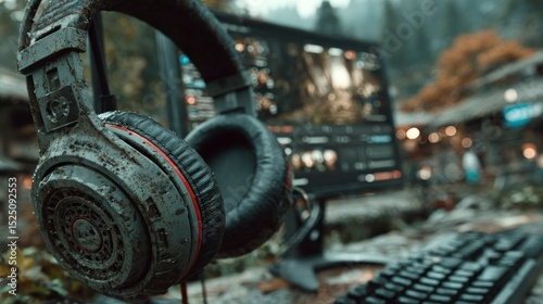 Worn Gaming Headphones and Laptop in a Forest Setting