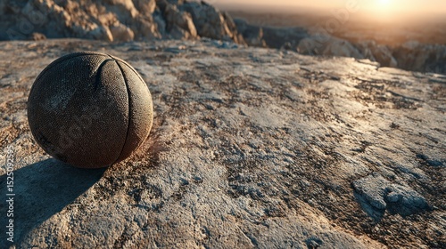 Worn Basketball Resting on Rocky Terrain at Sunset Sports Equipment in Nature Adventure and E