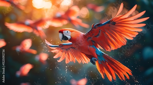 Red parrot flying against warm sunlight