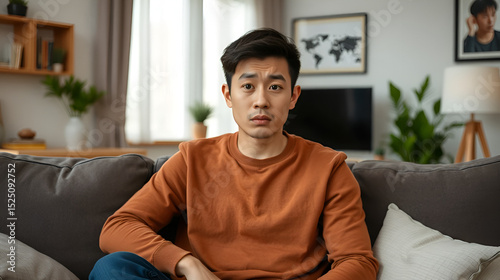 I dont know what to say. Confused Asian handsome man feeling embarrassed about ambiguous question, having doubts, no idea, being clueless and uncertain at home. Chinese guy sits on sofa in living room