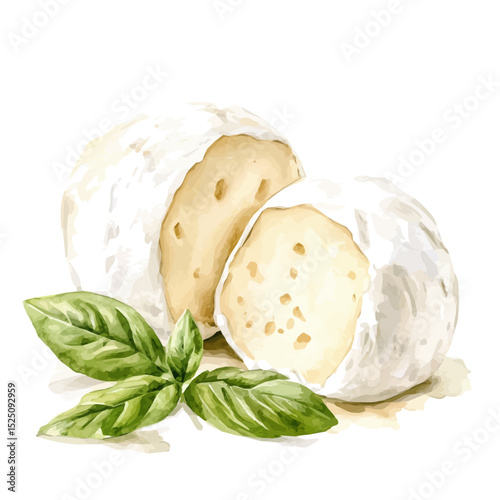 My Watercolor illustration, illustration mozzarella cheese with basil leaves painting isolated on a white background, illustration, AI painting design, vector illustration set, eps format