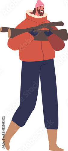 Man winter tourist preparing woods