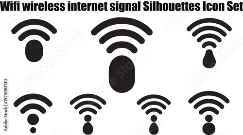 This image showcases a set of wifi signal strength silhouettes, varying in signal strength representation. The minimalist, black silhouette style is a distinctive feature.