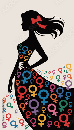 A flat illustration of a multitude of female omega symbols on a black silhouette of a woman. A sign denoting the feminine principle on a beige isolated background. Vector graphics. EPS.